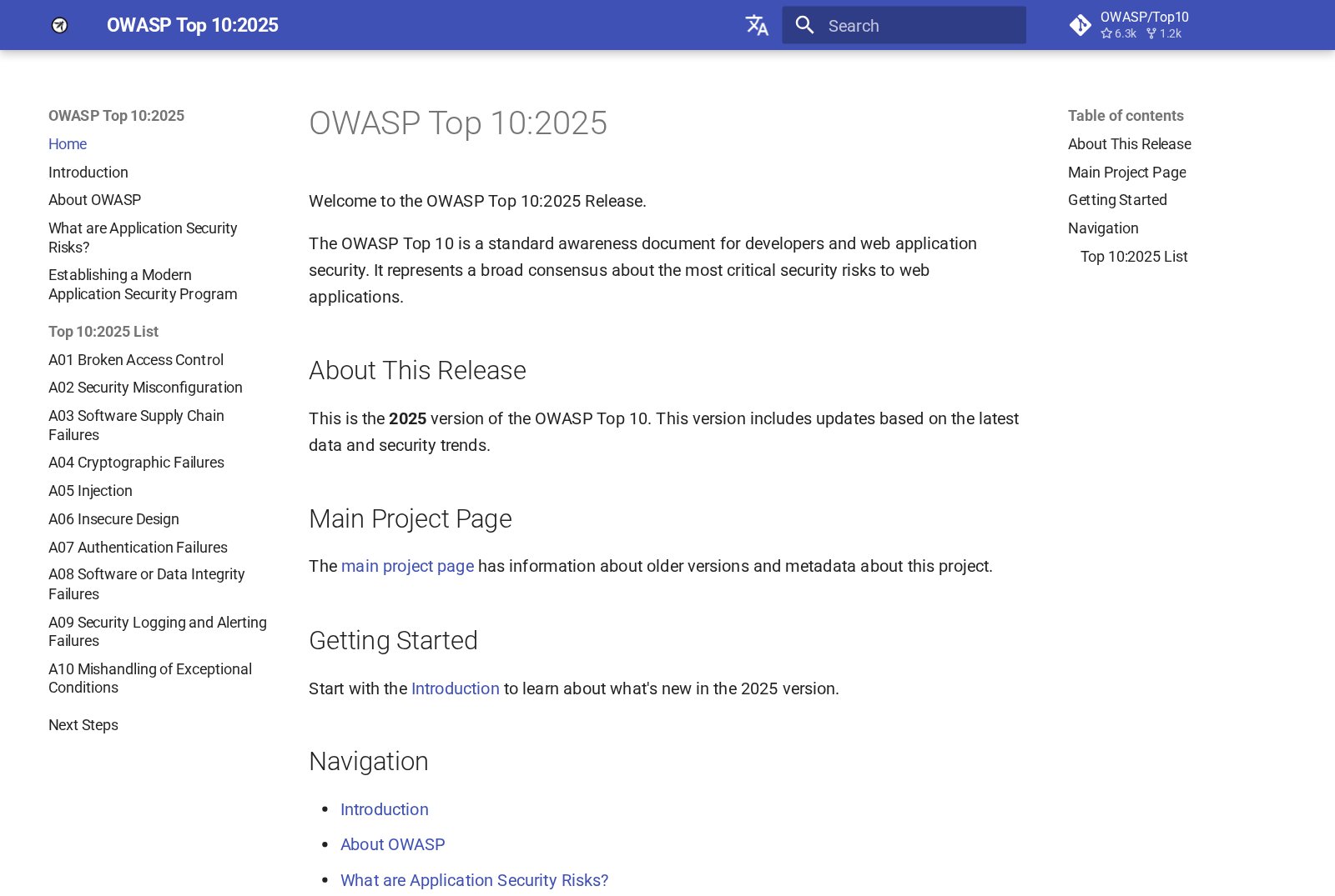 owasp.org/Top10 sayfası, 'OWASP Top 10:2025' başlığı. Solda listenin on maddesi: A01 Broken Access Control, A02 Security Misconfiguration, A03 Software Supply Chain Failures, A04 Cryptographic Failures, A05 Injection, A06 Insecure Design, A07 Authentication Failures, A08 Software or Data Integrity Failures, A09 Security Logging and Alerting Failures, A10 Mishandling of Exceptional Conditions. Ortada sürümün tanıtım metni: Top 10, geliştiriciler ve web uygulaması güvenliği için en kritik riskler üzerine geniş bir uzlaşmayı temsil eden bir farkındalık belgesidir.
