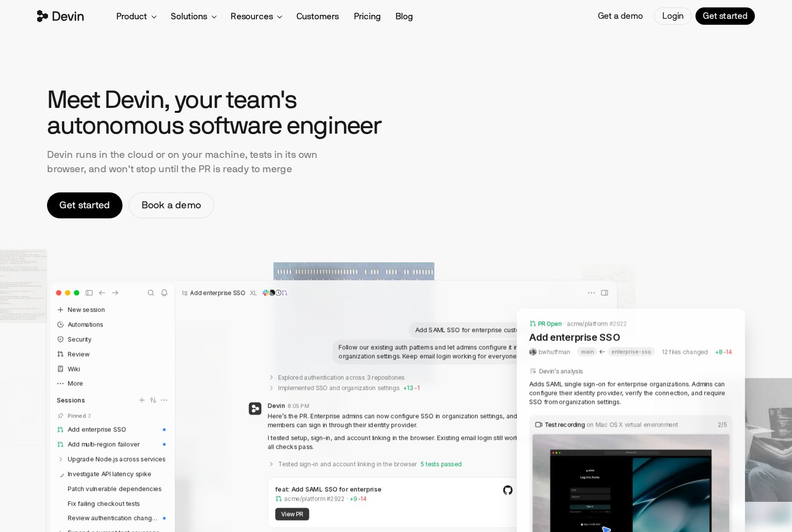 devin.ai ana sayfası: 'Meet Devin, your team's autonomous software engineer' başlığı; altında 'Devin runs in the cloud or on your machine, tests in its own browser, and won't stop until the PR is ready to merge' açıklaması, Get started ve Book a demo düğmeleri. Altta ürün görüntüsü: solda oturum listesi (Add enterprise SSO, Add multi-region failover, Fix failing checkout tests gibi görevler), ortada Devin'in bir pull request açtığını ve testleri tarayıcıda çalıştırdığını anlatan sohbet, sağda 'PR Open: Add enterprise SSO' kartı ve tarayıcıda test kaydı.