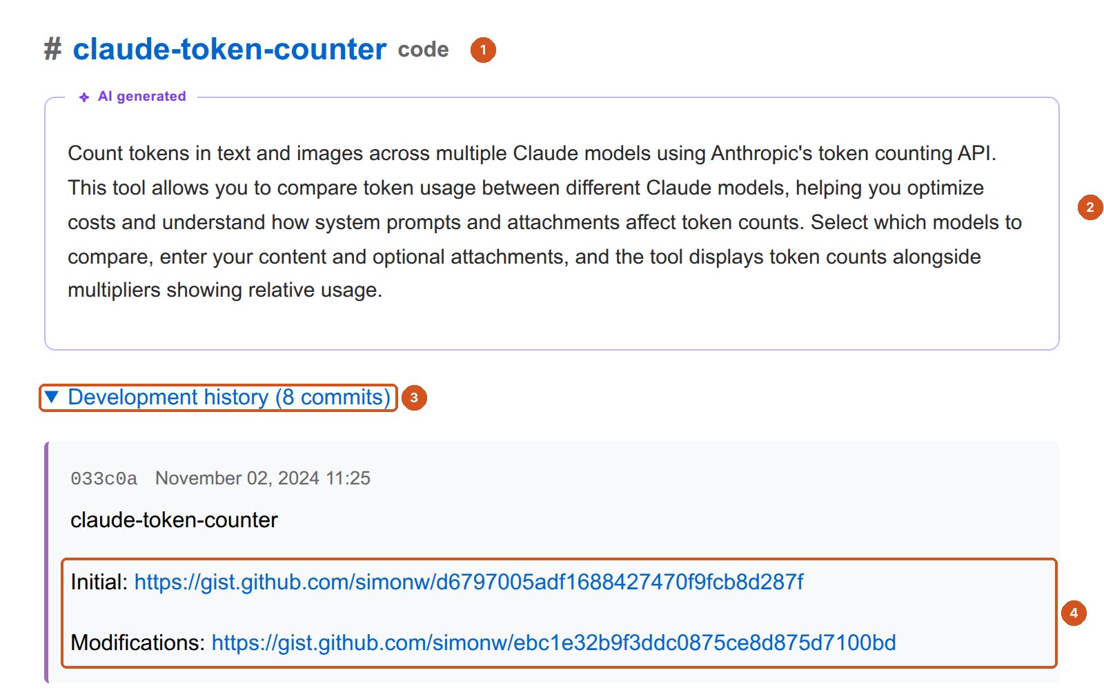 tools.simonwillison.net colophon sayfasında claude-token-counter aracı. 1 aracın adı ve yanında code bağlantısı; 2 AI generated etiketli kısa açıklama: farklı Claude modellerinde token sayısını karşılaştırır; 3 Development history (8 commits) açılmış; 4 ilk commit, 2 Kasım 2024: Initial ve Modifications satırlarında yapay zekâ konuşmasının kaydına giden gist bağlantıları.