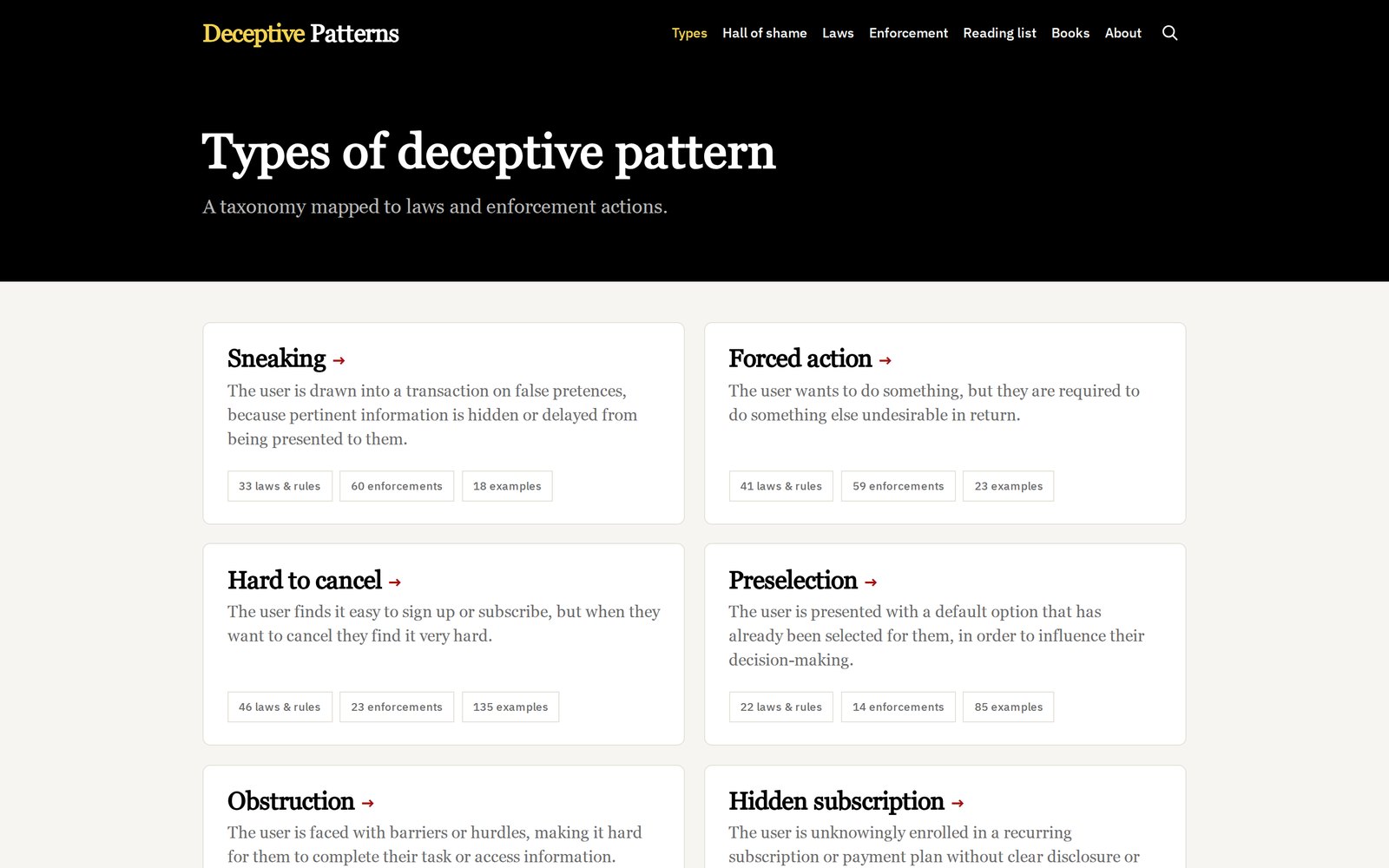 Deceptive Patterns sitesinin 'Types of deceptive pattern' sayfası: Sneaking, Forced action, Hard to cancel, Preselection, Obstruction, Hidden subscription kartları; her kartta bir cümlelik tanım ve ilgili yasa, yaptırım ve örnek sayıları, örneğin Hard to cancel için 46 yasa ve kural, 23 yaptırım, 135 örnek.