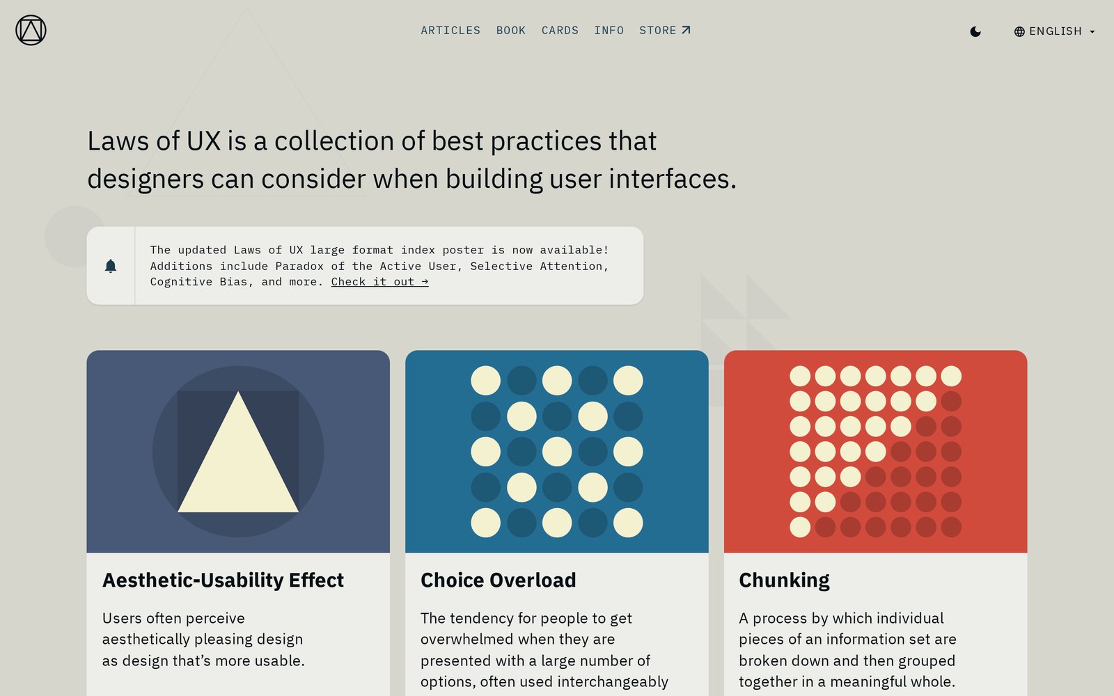 Laws of UX ana sayfası: 'Laws of UX is a collection of best practices that designers can consider when building user interfaces' başlığı; altında renkli kartlar: Aesthetic-Usability Effect (mavi zeminde üçgen), Choice Overload (noktalar), Chunking (gruplanmış kırmızı noktalar), her birinin altında tek cümlelik tanımı.