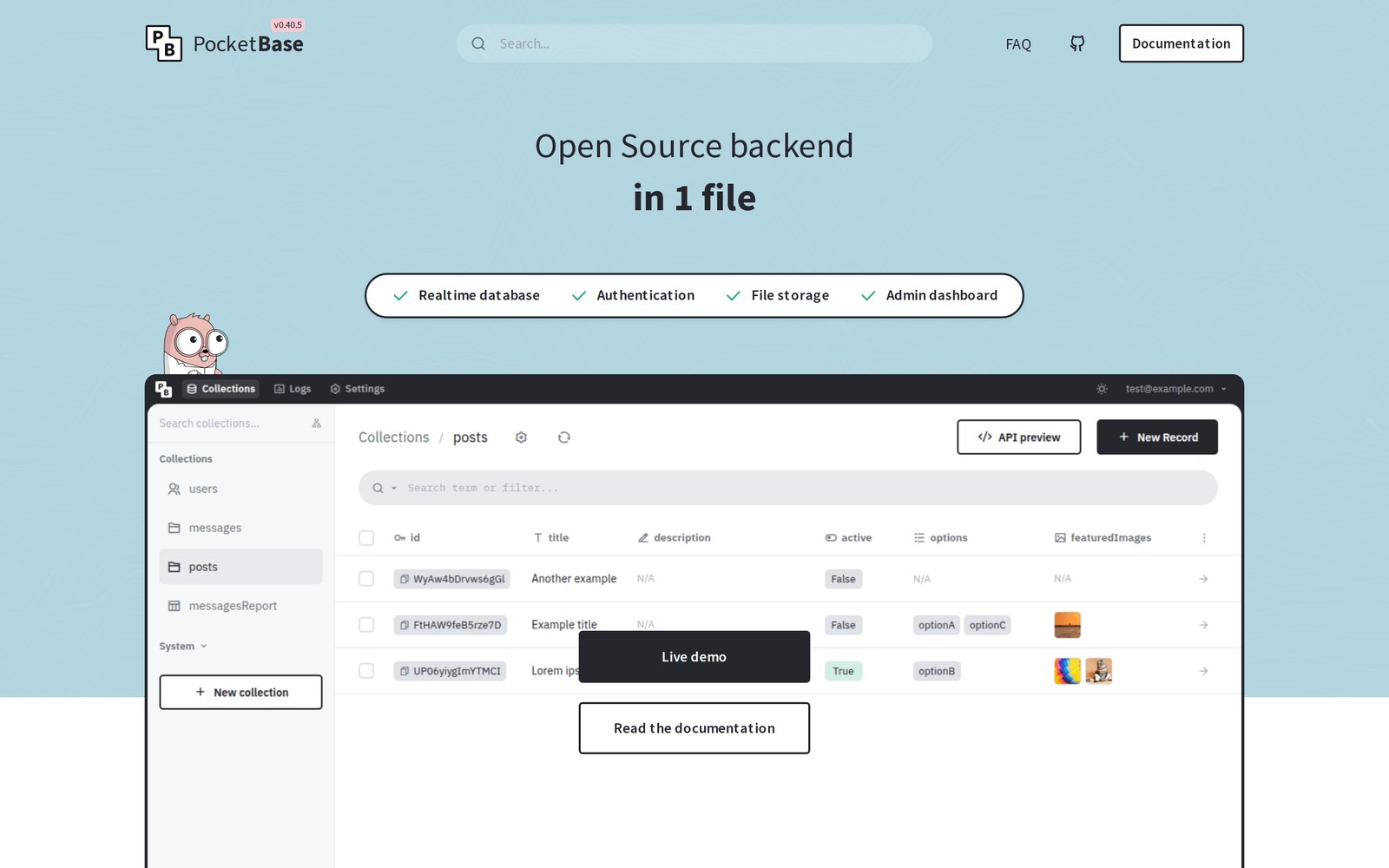 PocketBase ana sayfası. Başlık: Open Source backend in 1 file. Dört özellik: Realtime database, Authentication, File storage, Admin dashboard. Altta yönetim panelinin görüntüsü: solda users, messages, posts koleksiyonları; sağda posts tablosunun id, title, active, options, featuredImages sütunları.