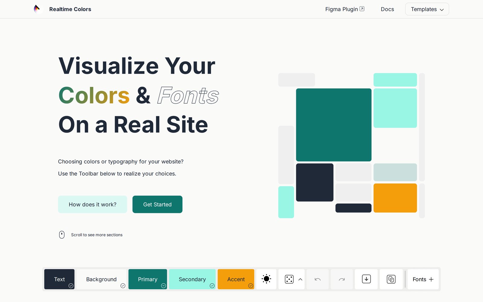 Realtime Colors'ta aynı palet örnek bir sitenin üzerinde: 'Visualize Your Colors & Fonts On a Real Site' başlığında 'Colors' kelimesi yeşilden turuncuya geçen renkte; açık yeşil 'How does it work?' ve koyu yeşil 'Get Started' düğmeleri; sağda koyu yeşil, açık yeşil, lacivert ve turuncu kutular. Altta Text, Background, Primary, Secondary, Accent renk seçicileri.