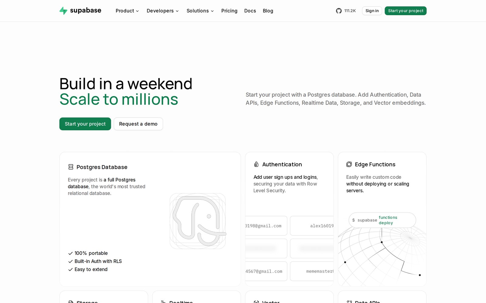 Supabase ana sayfası. Büyük başlık: Build in a weekend, Scale to millions. Altında Start your project ve Request a demo düğmeleri. Alttaki kartlar: Postgres Database (her proje tam bir Postgres veritabanı), Authentication (Row Level Security ile kullanıcı girişi), Edge Functions. Sağ üstte GitHub'da 111 bin yıldız.