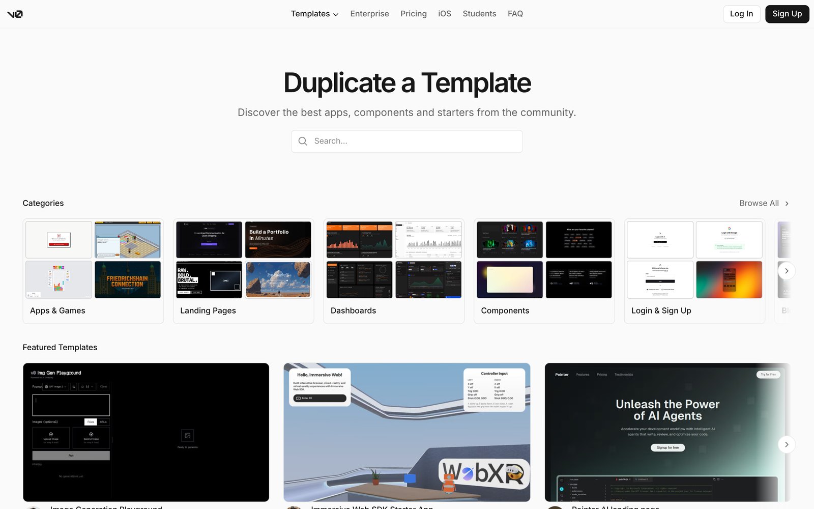 v0'ın 'Duplicate a Template' sayfası: Apps & Games, Landing Pages, Dashboards, Components, Login & Sign Up kategorilerinde küçük önizlemeler, altında öne çıkan şablonlar: bir görüntü üretme oyun alanı, üç boyutlu bir web sahnesi, bir yapay zekâ ajanı tanıtım sayfası.