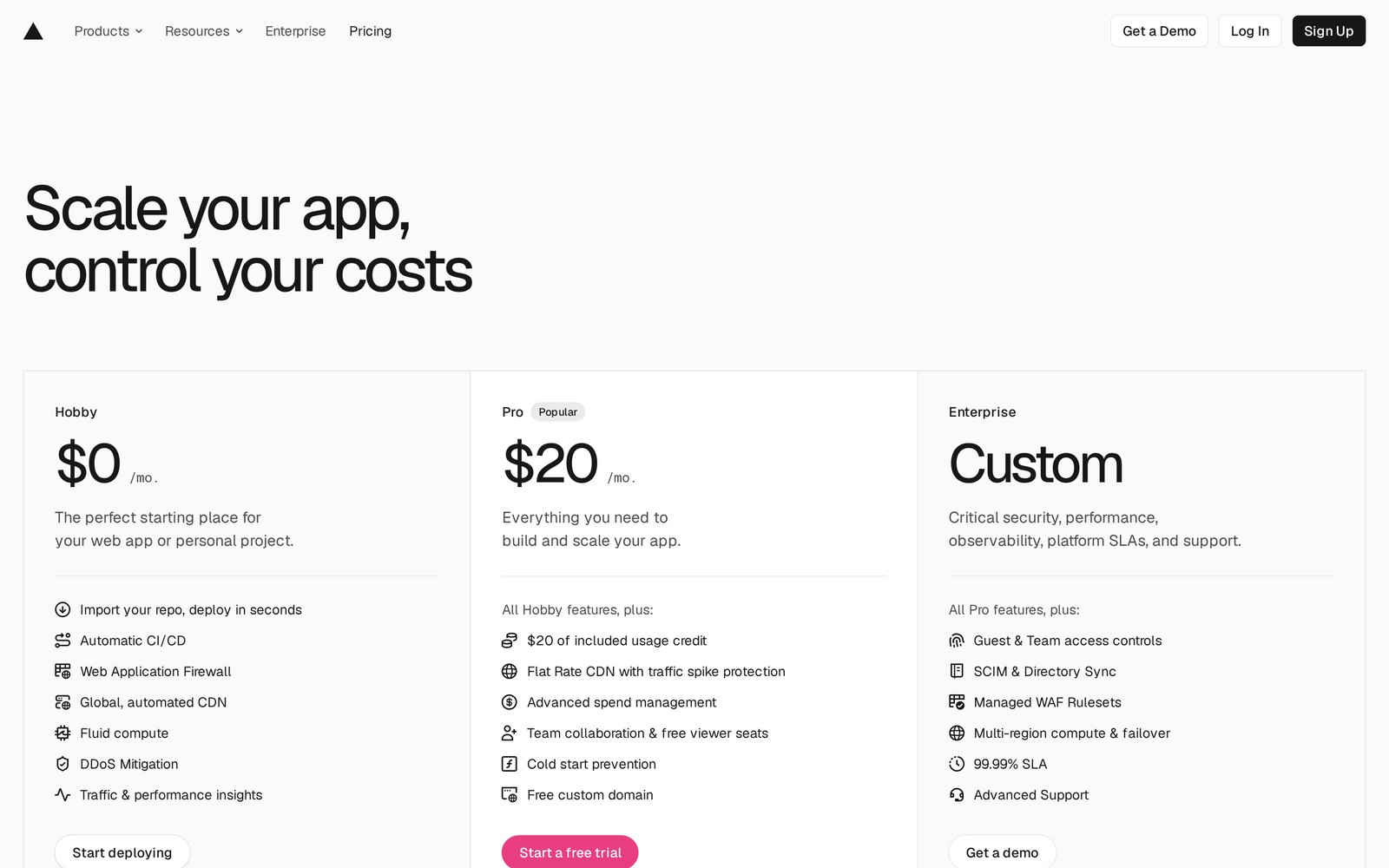 Vercel fiyat sayfası: 'Scale your app, control your costs' başlığı; Hobby 0 dolar 'kişisel projeniz için', Pro ayda 20 dolar, Enterprise özel fiyat. Hobby altında depodan saniyeler içinde yayın, otomatik CI/CD, küresel CDN, DDoS koruması.