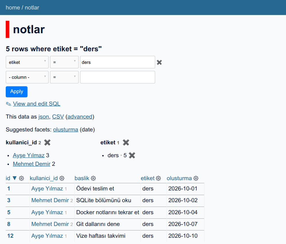 Datasette'te filtre: 5 rows where etiket = ders. Filtre satırında etiket, eşittir, ders. Altında iki gruplama kutusu: kullanici_id (Ayşe Yılmaz 3, Mehmet Demir 2) ve etiket (ders 5). Tabloda yalnızca ders etiketli beş not: Ödevi teslim et, SQLite bölümünü oku, Docker notlarını tekrar et, Git dallarını dene, Vize haftası takvimi.