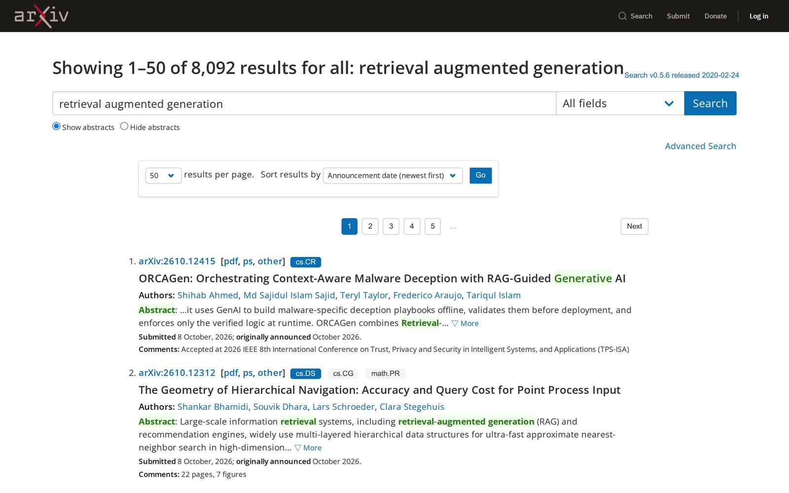 arXiv arama sayfası. Arama kutusunda 'retrieval augmented generation'; 'Showing 1–50 of 8,092 results'. İlk iki sonuç: arXiv:2610.12415 ORCAGen ve arXiv:2610.12312 The Geometry of Hierarchical Navigation; her birinde yazarlar, özetin başı, gönderim tarihi (8 Ekim 2026) ve pdf, ps, other bağlantıları.