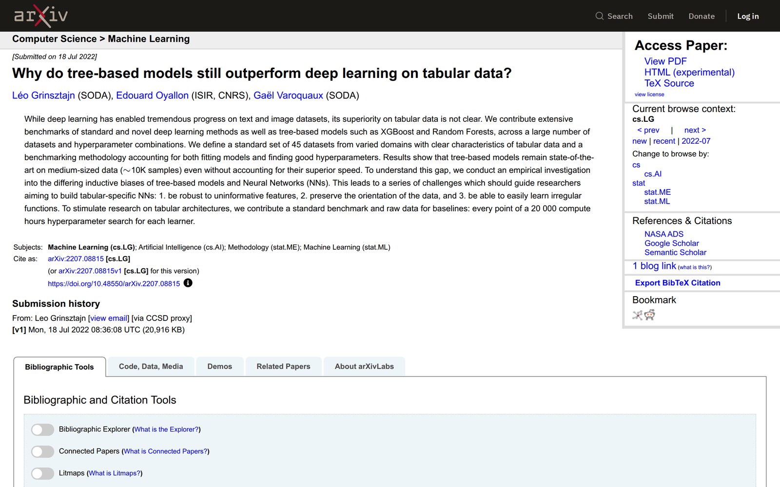 arXiv makale sayfası, arXiv:2207.08815: 'Why do tree-based models still outperform deep learning on tabular data?', yazarlar Léo Grinsztajn, Edouard Oyallon, Gaël Varoquaux. Özet metni, konu alanları, DOI bağlantısı. Sağda 'Access Paper' kutusu: View PDF, HTML (experimental), TeX Source; altında References & Citations ve Export BibTeX Citation. Altta Bibliographic Tools, Code, Data, Media sekmeleri.