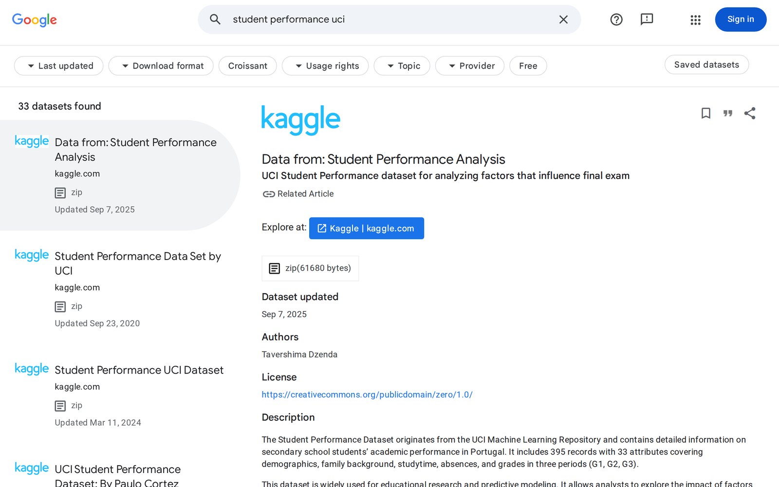 Google Dataset Search'te 'student performance uci' araması: 33 veri seti bulundu. Solda sonuç listesi (kaggle.com'daki kopyalar ve güncelleme tarihleri); sağda seçili sonuç 'Data from: Student Performance Analysis': kaynak Kaggle, zip biçimi, güncelleme tarihi, yazar, lisans bağlantısı ve açıklama. Üstte Last updated, Download format, Usage rights, Topic, Provider, Free filtreleri.