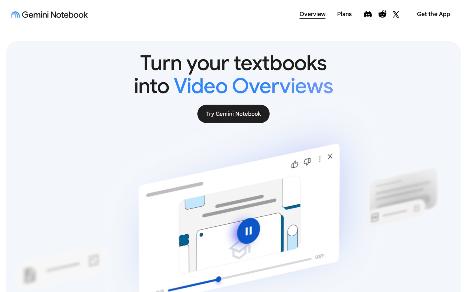 Gemini Notebook'un (eski adıyla NotebookLM) girişsiz açılan tanıtım sayfası. Üstte Gemini Notebook logosu ve Overview, Plans menüleri. Ortada 'Turn your textbooks into Video Overviews' başlığı ve 'Try Gemini Notebook' düğmesi; altında bir video özeti oynatıcısını gösteren çizim.