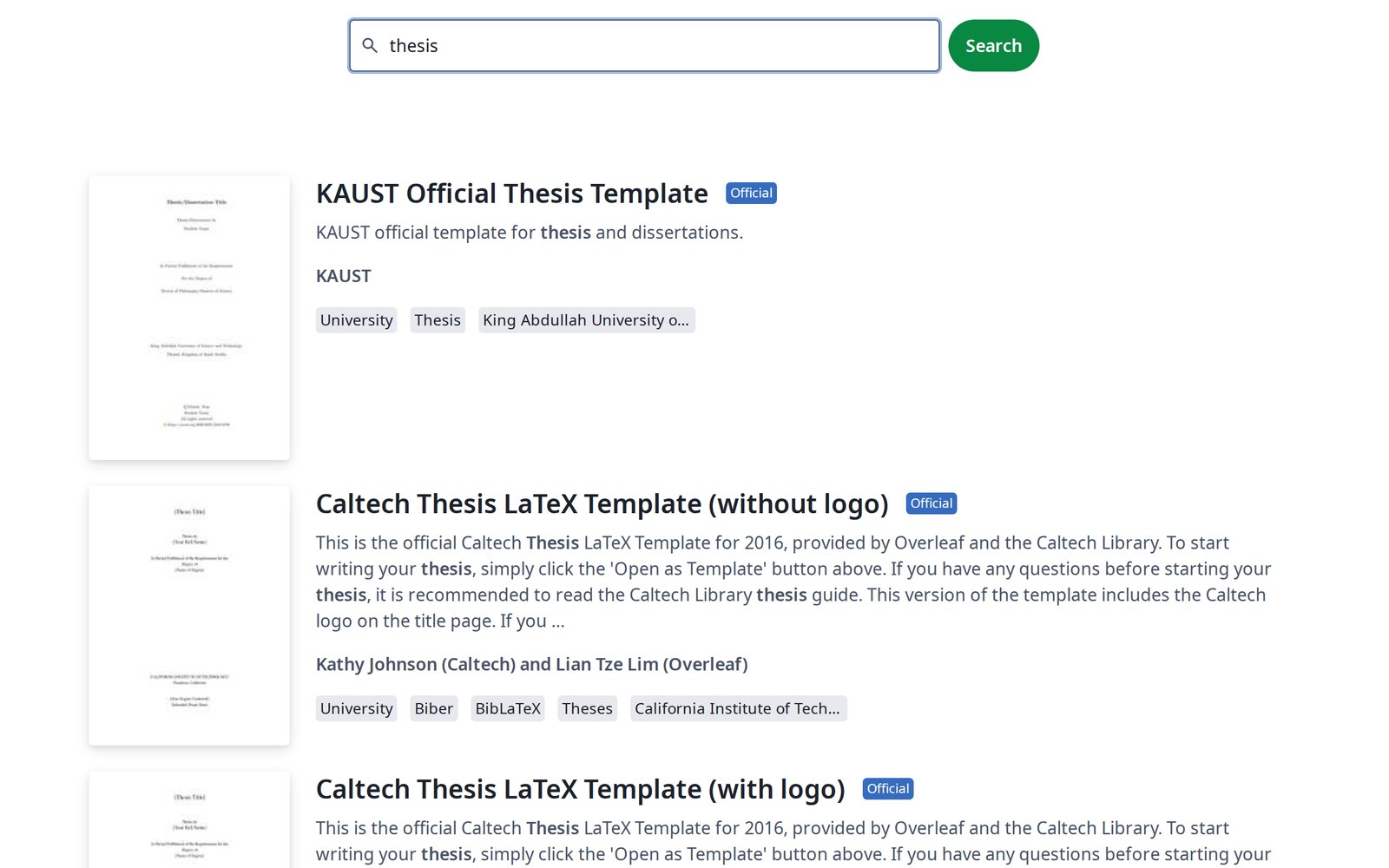 Overleaf'in LaTeX şablon galerisi; arama kutusunda 'thesis' yazılmış. Sonuçlar: KAUST Official Thesis Template (University, Thesis etiketleri), Caltech Thesis LaTeX Template (without logo) ve (with logo); her birinin solunda şablonun ilk sayfasının küçük önizlemesi ve kısa açıklaması.