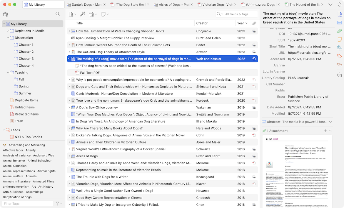 Zotero 7'nin masaüstü penceresi. Solda My Library altında Dissertation, Teaching gibi klasörler ve etiket listesi; ortada başlık, yazar ve yıl sütunlu kaynak listesi, seçili makale 'The making of a (dog) movie star' (Weir and Kessler, 2022); sağda seçili makalenin DOI, ISSN, URL gibi bilgileri, özeti ve ekli PDF'in önizlemesi.