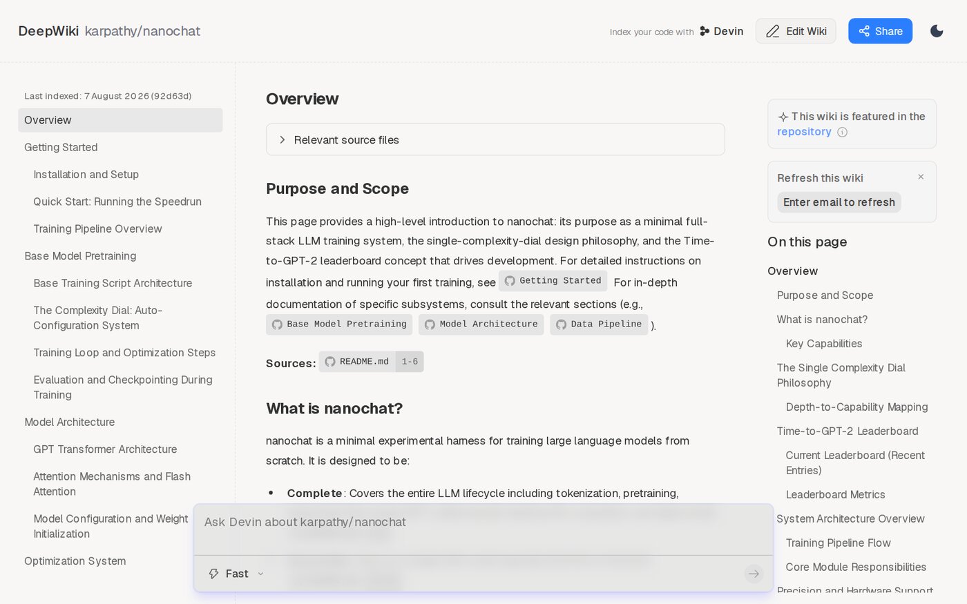 DeepWiki'de karpathy/nanochat deposu için otomatik üretilmiş bir belge: solda bölüm listesi, ortada proje açıklaması, altta soru sorma kutusu