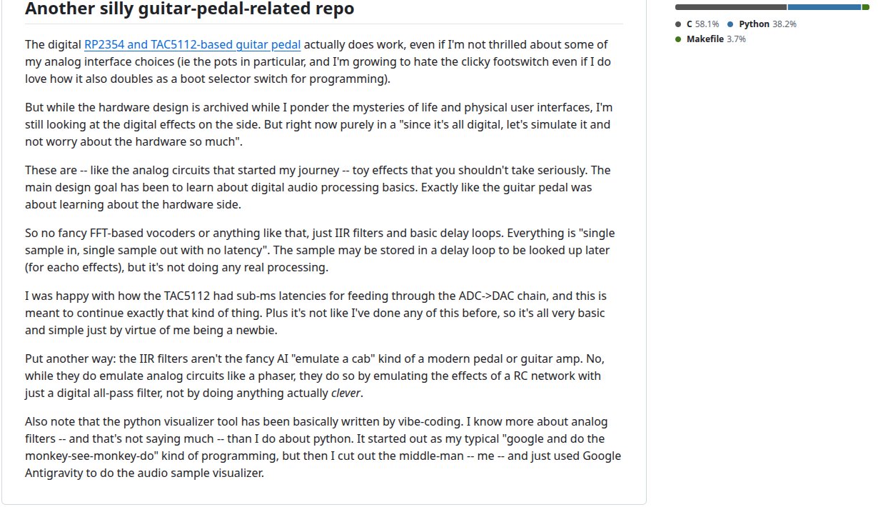 GitHub'da torvalds/AudioNoise deposunun README'si: 'Another silly guitar-pedal-related repo' başlığı; son paragrafta python görselleştirme aracının vibe-coding ile yazıldığı ve Google Antigravity kullanıldığı; sağda dil dağılımı C yüzde 58,1, Python yüzde 38,2