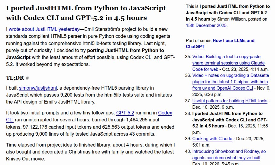 Simon Willison'ın blogunda 'I ported JustHTML from Python to JavaScript with Codex CLI and GPT-5.2 in 4.5 hours' başlıklı yazı; TL;DR bölümünde 9.200 test, token sayıları ve 43 commit