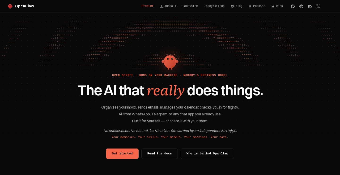 openclaw.ai ana sayfası: kırmızı ıstakoz maskotu, 'The AI that really does things.' başlığı; altında gelen kutusunu düzenleme, e-posta gönderme, takvim yönetme ve uçuşa check-in yapma; WhatsApp, Telegram gibi sohbet uygulamalarından kullanım