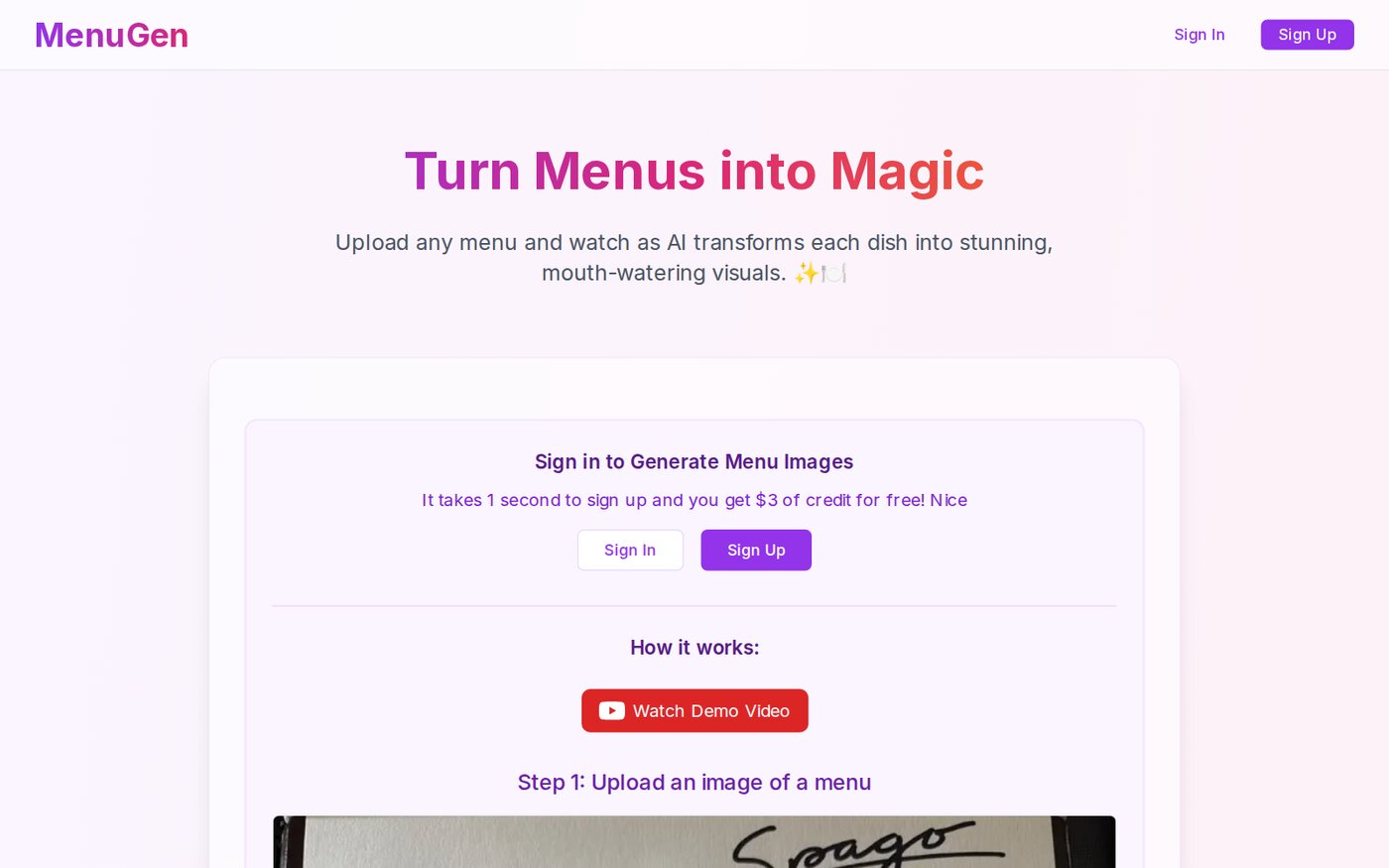 MenuGen sitesinin ana sayfası: 'Turn Menus into Magic' başlığı ve menü fotoğrafı yükleyince yemeklerin resimlerini üreten uygulamanın tanıtımı