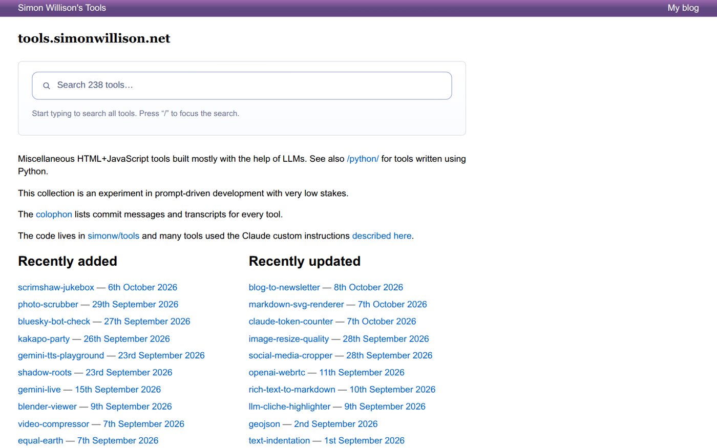 tools.simonwillison.net ana sayfası: 238 aracın aranabildiği bir arama kutusu ve son eklenen araçların listesi