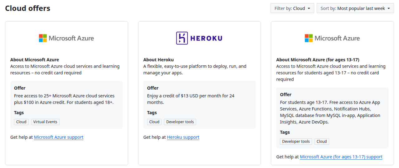 GitHub Student Developer Pack sayfasının 'Cloud offers' bölümü: Microsoft Azure, kredi kartı gerekmeden 25'ten fazla hizmet ve 100 dolar kredi, 18 yaş üstü öğrenciler için; Heroku, 24 ay boyunca ayda 13 dolar kredi; 13-17 yaş için Microsoft Azure.