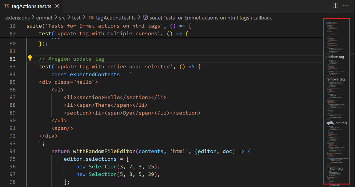 Sağ kenarında kodun küçültülmüş bir önizlemesi bulunan, satır numaralı bir VS Code editörü