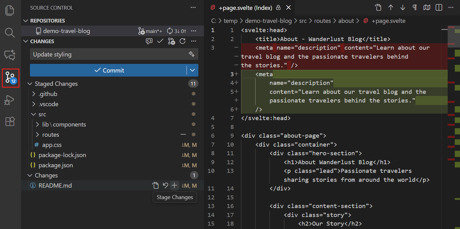 VS Code'da solda değişen dosyaların listesi, sağda bir dosyanın eski ve yeni hâlinin satır satır karşılaştırması