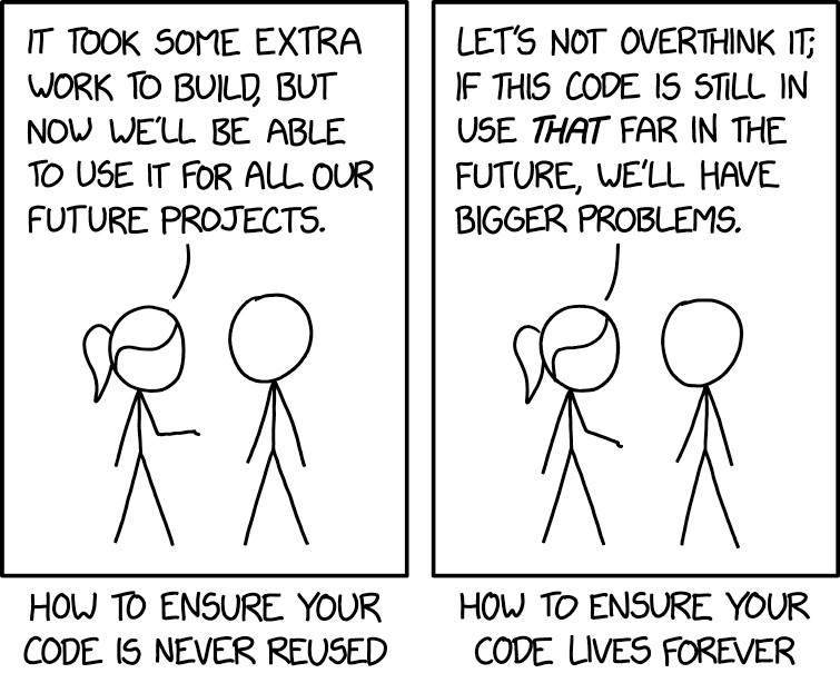 İki kareli xkcd karikatürü, aynı iki kişi. Birinci kare: 'Yapımı biraz fazladan emek istedi ama artık bütün gelecek projelerimizde kullanabileceğiz.' Altında: 'Kodunuzun asla yeniden kullanılmamasını sağlamanın yolu.' İkinci kare: 'Fazla düşünmeyelim; bu kod o kadar uzun süre kullanılırsa, daha büyük dertlerimiz olur.' Altında: 'Kodunuzun sonsuza kadar yaşamasını sağlamanın yolu.'