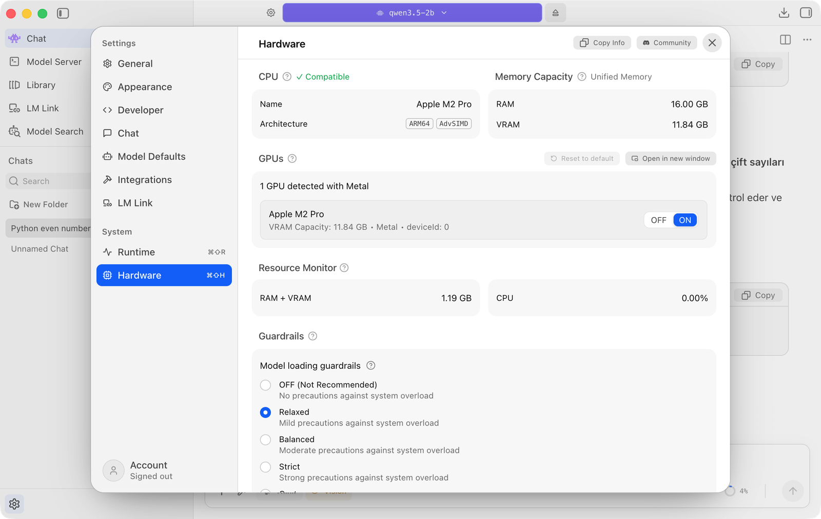 LM Studio ayarlarında Hardware sayfası. CPU: Apple M2 Pro, ARM64, Compatible. Memory Capacity, Unified Memory: RAM 16,00 GB, VRAM 11,84 GB. GPUs: 1 GPU detected with Metal, Apple M2 Pro, açık. Resource Monitor: RAM + VRAM 1,19 GB, CPU yüzde 0. Guardrails: Model loading guardrails seçenekleri OFF, Relaxed (seçili), Balanced, Strict.