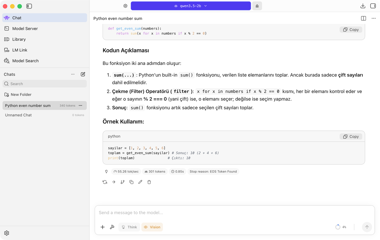 LM Studio sohbet ekranı, model qwen3.5-2b. Cevapta get_even_sum adlı tek satırlık bir Python fonksiyonu, 'Kodun Açıklaması' başlığı altında üç madde ve örnek kullanım. En altta ölçümler: 55.26 tok/sec, 301 tokens, 0.85s, Stop reason: EOS Token Found.