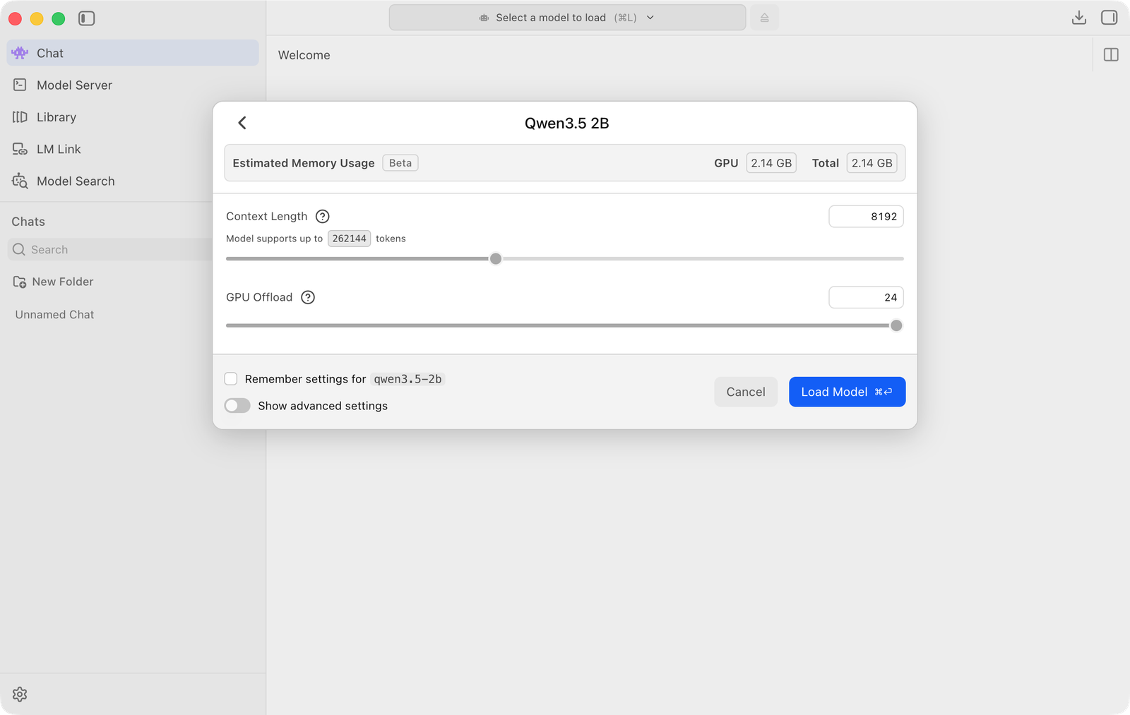 LM Studio'nun model yükleme penceresi, Qwen3.5 2B. Üstte Estimated Memory Usage: GPU 2,14 GB, Total 2,14 GB. Context Length kaydırıcısı 8192'de; 'Model supports up to 262144 tokens' yazıyor. GPU Offload kaydırıcısı en sağda, 24. Altta Load Model düğmesi.