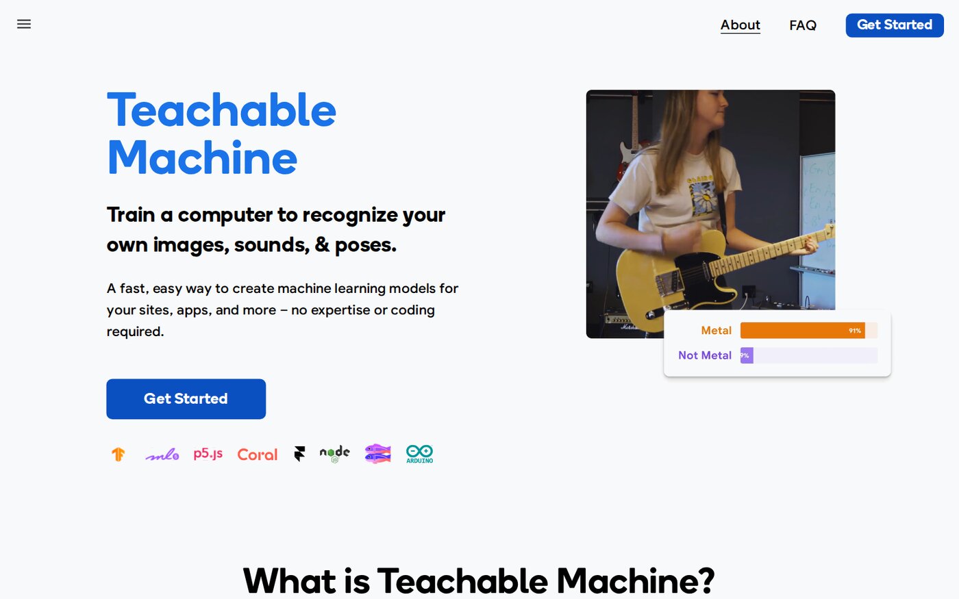 Teachable Machine sitesi: gitar çalan birinin fotoğrafı ve yanında 'Metal' ve 'Not Metal' sınıfları için güven çubukları