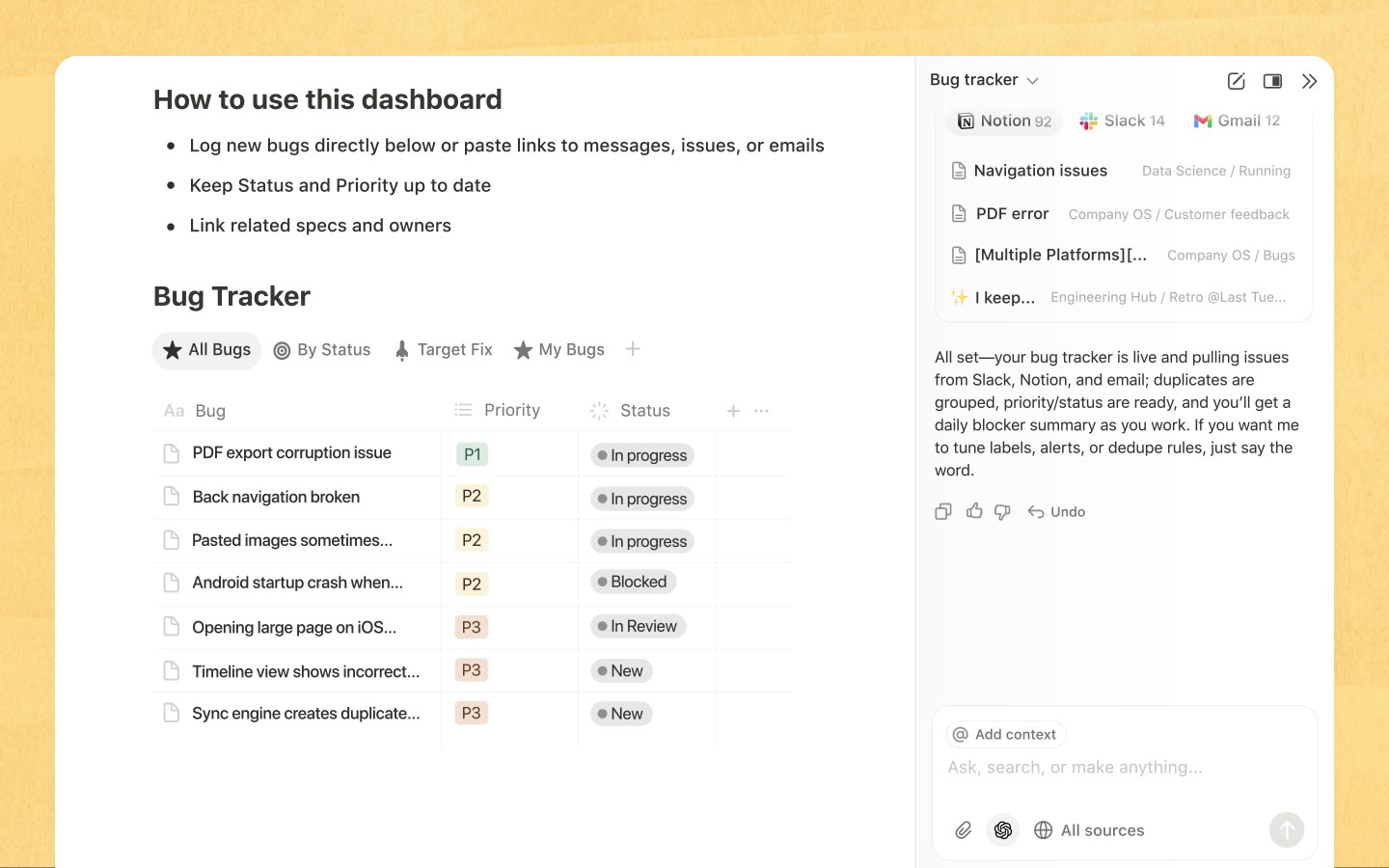 Notion AI tanıtım videosundan kare. Solda 'Bug Tracker' veritabanı: hata adları, öncelik (P1–P3) ve durum sütunları. Sağda Notion Agent paneli: Notion, Slack ve Gmail'den kaynaklar ve 'hata takipçiniz hazır; Slack, Notion ve e-postadan kayıtları çekiyor, tekrarları grupladım' cevabı.