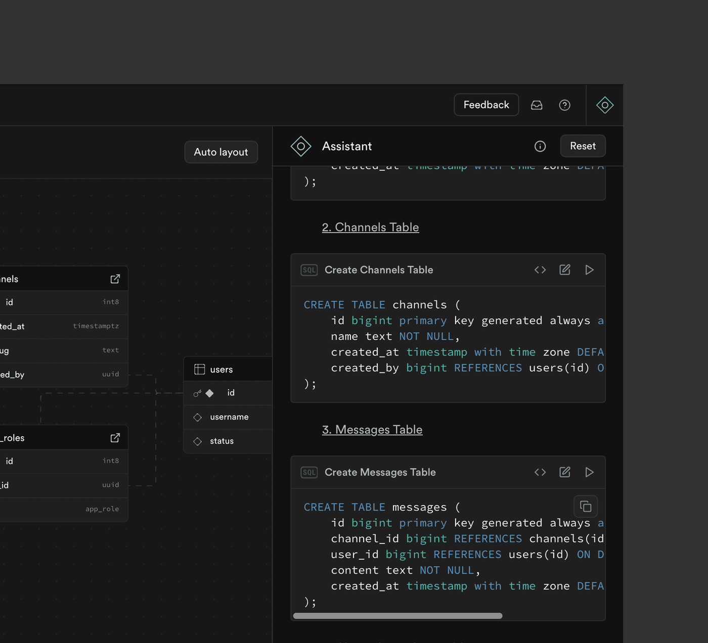 Supabase Studio'da AI Assistant paneli: kullanıcının isteğine göre veritabanı tabloları ve aralarındaki ilişkiler öneriliyor.
