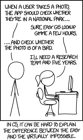 xkcd karikatürü. Uygulama fotoğrafın millî parkta çekilip çekilmediğine baksın: kolay, birkaç saat. Fotoğrafta kuş olup olmadığına baksın: bir araştırma ekibi ve beş yıl lazım.