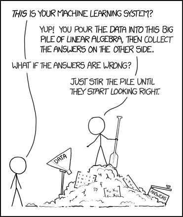 xkcd karikatürü: Bu sizin makine öğrenmesi sisteminiz mi? Evet, veriyi şu lineer cebir yığınına döküyorsun, cevapları öbür taraftan topluyorsun. Ya cevaplar yanlışsa? Doğru görünene kadar yığını karıştırıyorsun.
