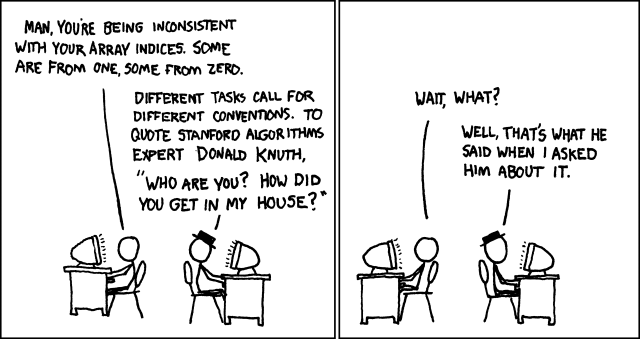 xkcd 163: iki programcı dizi indekslerinin 0’dan mı 1’den mi başlaması gerektiğini tartışıyor