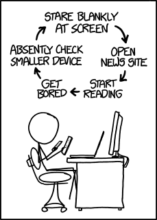 xkcd 1411: masada oturan biri; çevresinde daire biçiminde dönen bir yazı