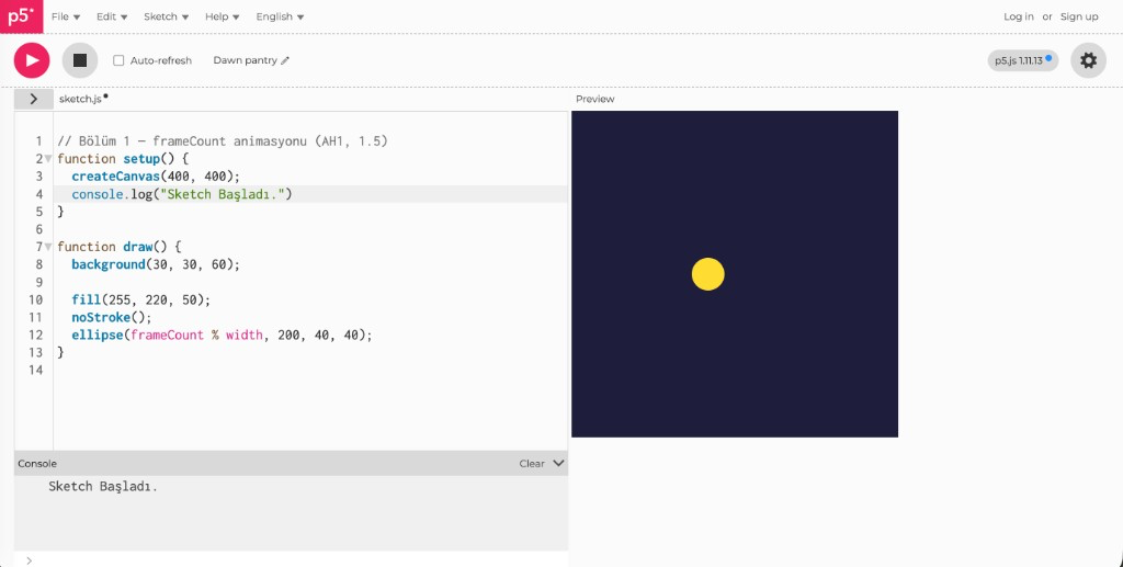 p5.js Web Editor: kod paneli, önizleme ve konsol